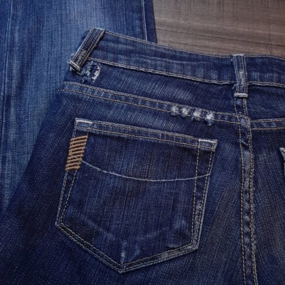 Paige Melrose Jeans Slim Straight Flared Distressed Dark Wash Low Rise Y2K Flaw - Picture 12 of 16